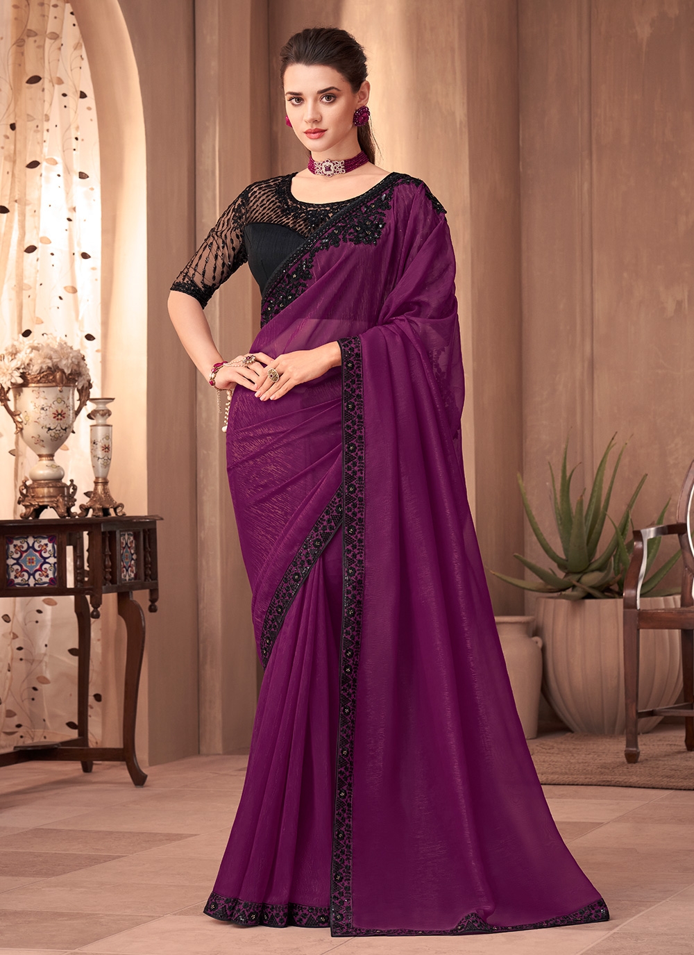 Wine Georgette Sequence work Saree