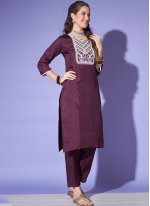 Wine Silk Embroidered Pant Style Suit