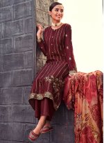 Wine Silk Embroidered Trendy Salwar Suits