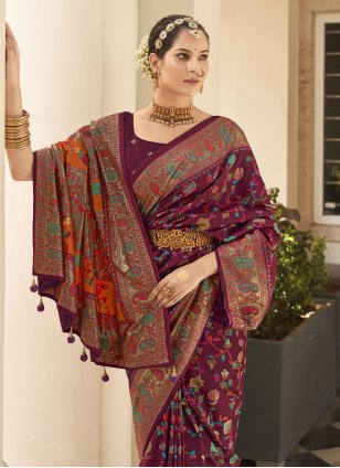 Wine Silk Weaving Designer Sari