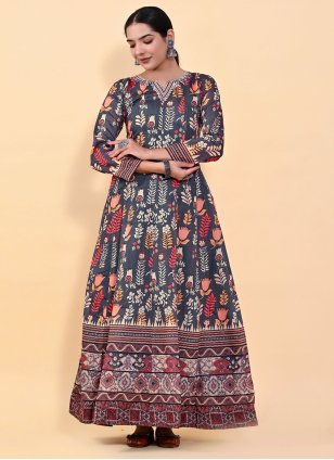 Women's Navy blue Chanderi Digital Print work  Trendy Gown