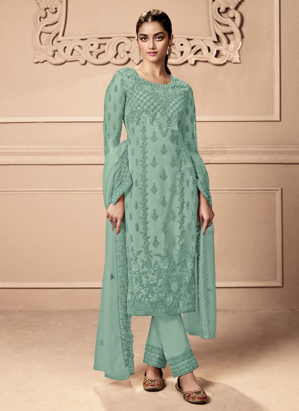 Pista Green Linen suit with Hand work | Churidar designs, Kurti embroidery  design, Embroidery suits
