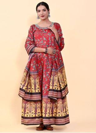 Women's Red Chanderi Digital Print work  Trendy Gown