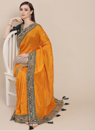 Yellow Art Silk Embroidered Traditional Saree