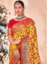 Yellow Art Silk Foil Print Contemporary Sari