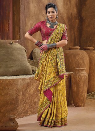 Yellow Banarasi Silk Diamond Designer Saree