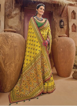 Yellow Banarasi Silk Diamond Trendy Sari