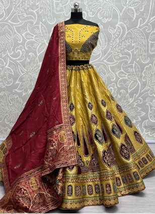 Bridal, Reception, Wedding Black and Grey, Yellow color Silk fabric Lehenga  : 1915316