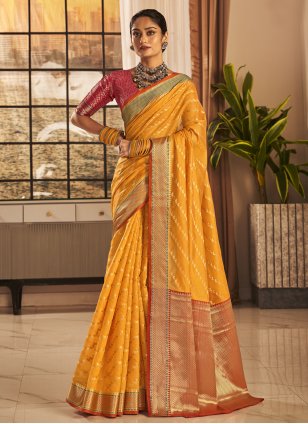 Yellow Banarasi Silk Weaving Contemporary Saree