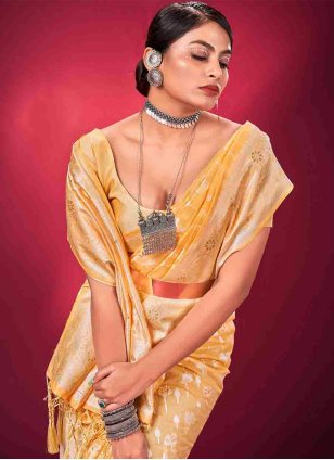 Yellow Banarasi Silk Woven Designer Sari