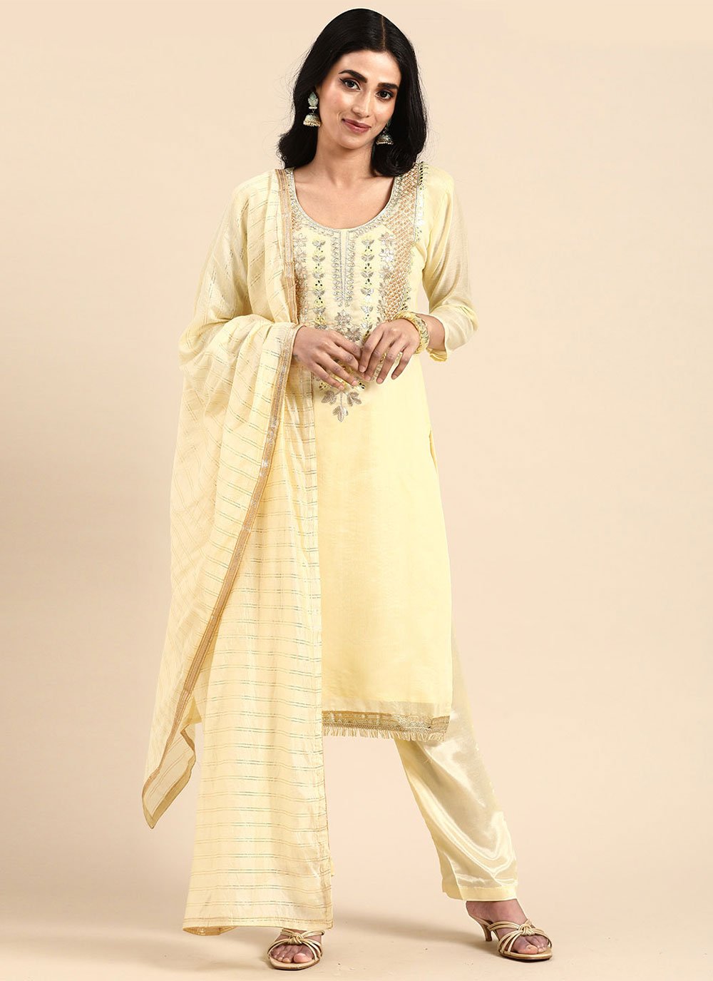 Yellow Chanderi Embroidered Pant Style Suit