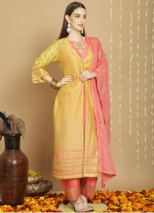 
                            Yellow Chanderi Embroidered Trendy Salwar Kameez