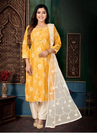 Yellow Chanderi Printed Readymade Salwar Suits