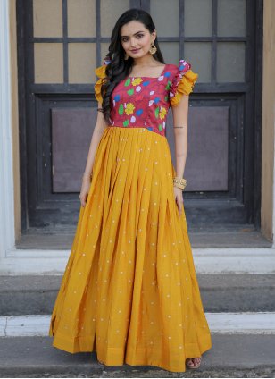 Yellow Chinon Embroidered Designer Gown