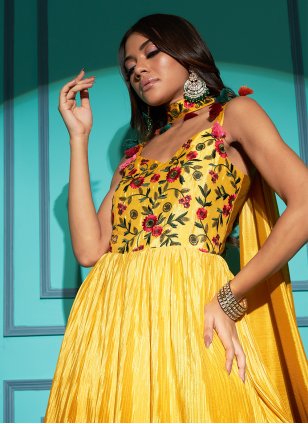 Yellow Chinon Embroidered Readymade Gown