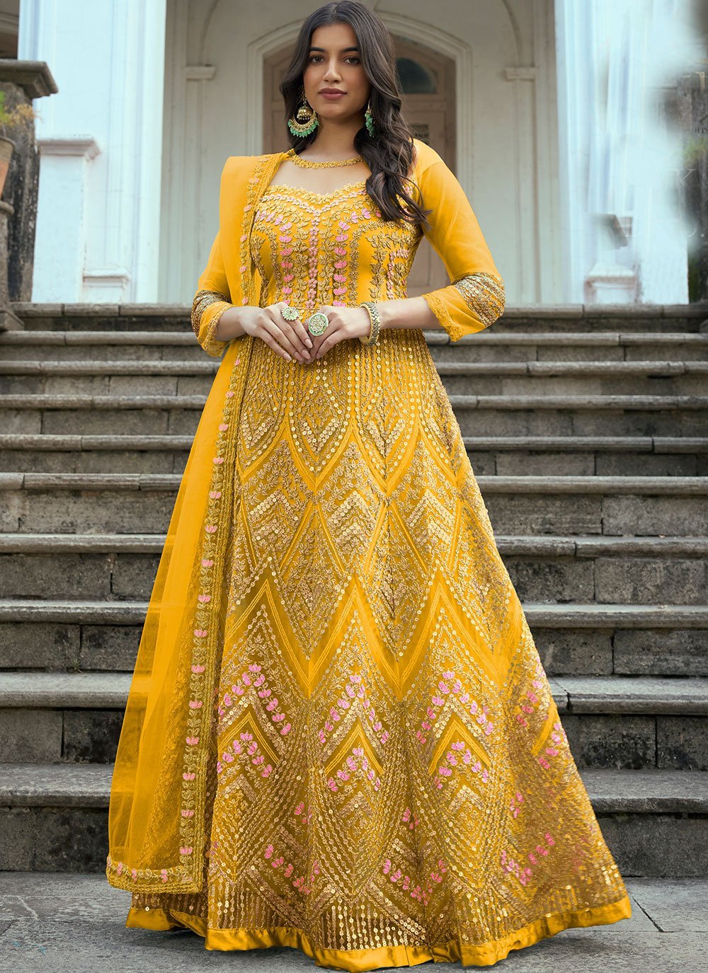 Yellow Readymade Lucknowi Bridal Anarkali Gown SFKN60307R – ShreeFashionWear