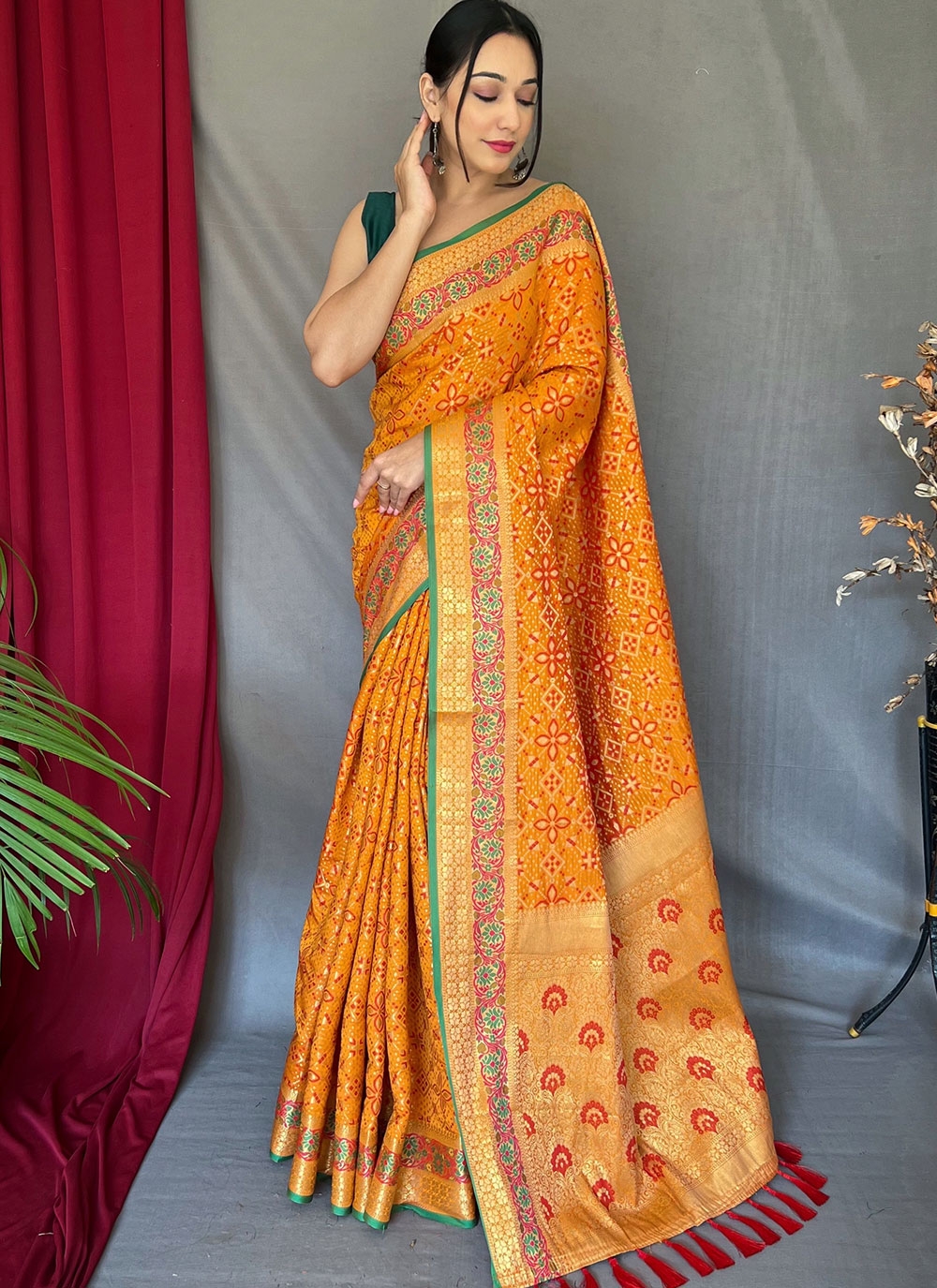 Yellow & Red Pure Hand Bandhej Bandhani Saree With Weaving Rich Pallu –  Bahuji - Online Fashion & Lifestyle Store