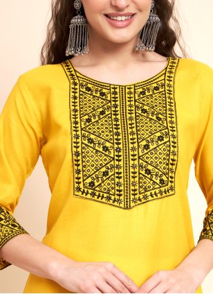 Yellow Cotton  Embroidered Designer Kurti