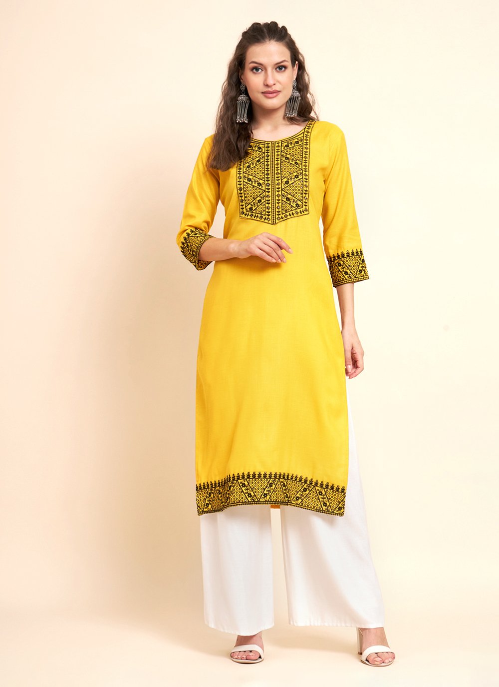 Buy Jagdamba Online Store Women's Rayon Solid Embroidered Mirror Work Long  Flared Kurti (Yellow, 2XL) at Amazon.in