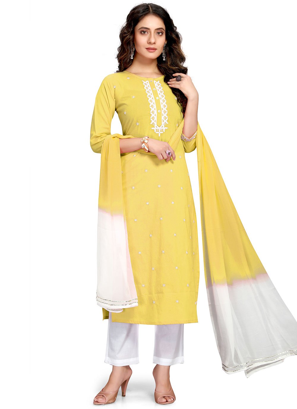 Yellow Readymade Hand Work Pant Style Suit 3898SL18