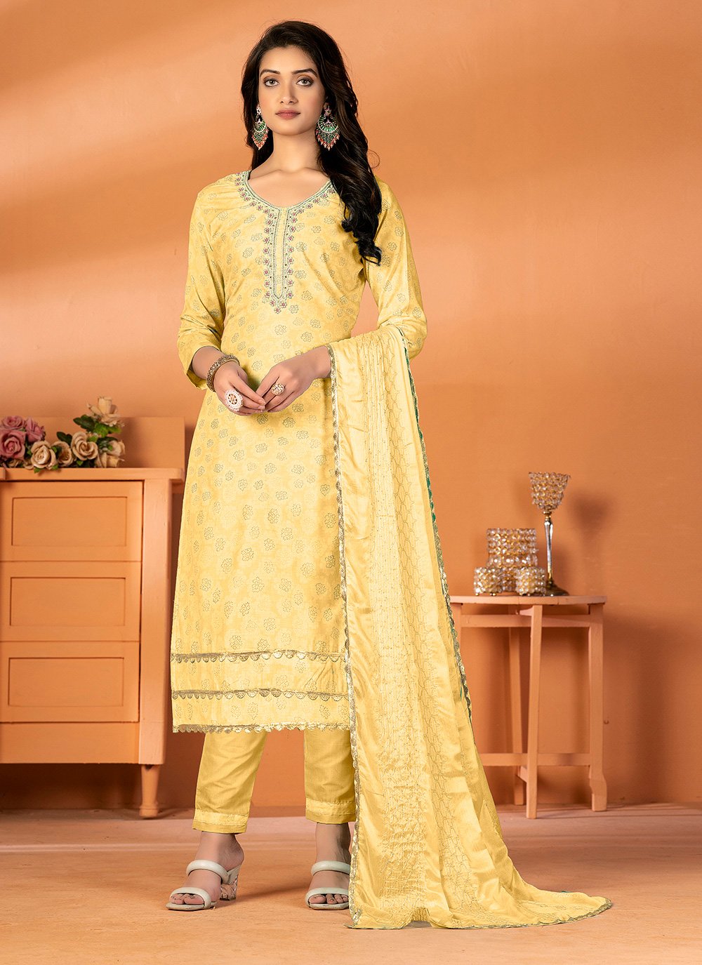 Yellow Lucknowi Work Rayon Naira Cut Palazzo Suit