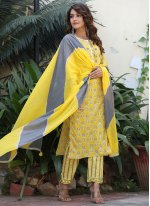 Yellow Cotton  Flower Print Straight Salwar Suit