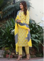 Yellow Cotton  Flower Print Straight Salwar Suit