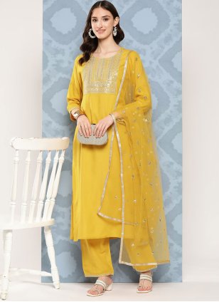 Yellow Cotton  Printed Designer Salwar Suits
