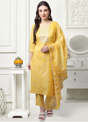 Yellow Cotton  Printed Pant Style Suit