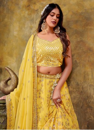 Yellow Georgette Embroidered Trendy Designer Wedding Ghagra Choli