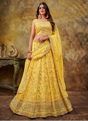 Yellow Georgette Embroidered Trendy Designer Wedding Ghagra Choli