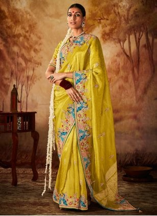Yellow Kanjivaram Silk Embroidered Contemporary Sari