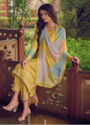 Yellow Muslin Embroidered Straight Salwar Suit
