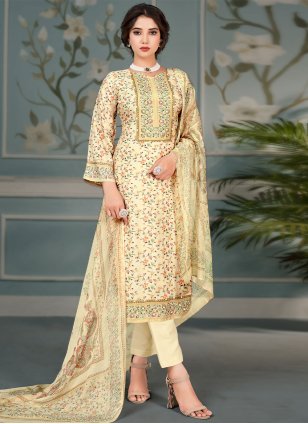 Yellow Muslin Flower Print Pant Style Suit