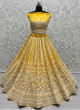 Yellow Net Embroidered A - Line Lehenga Choli for Wedding