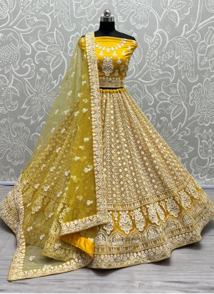 Yellow Net Embroidered Lehenga Choli