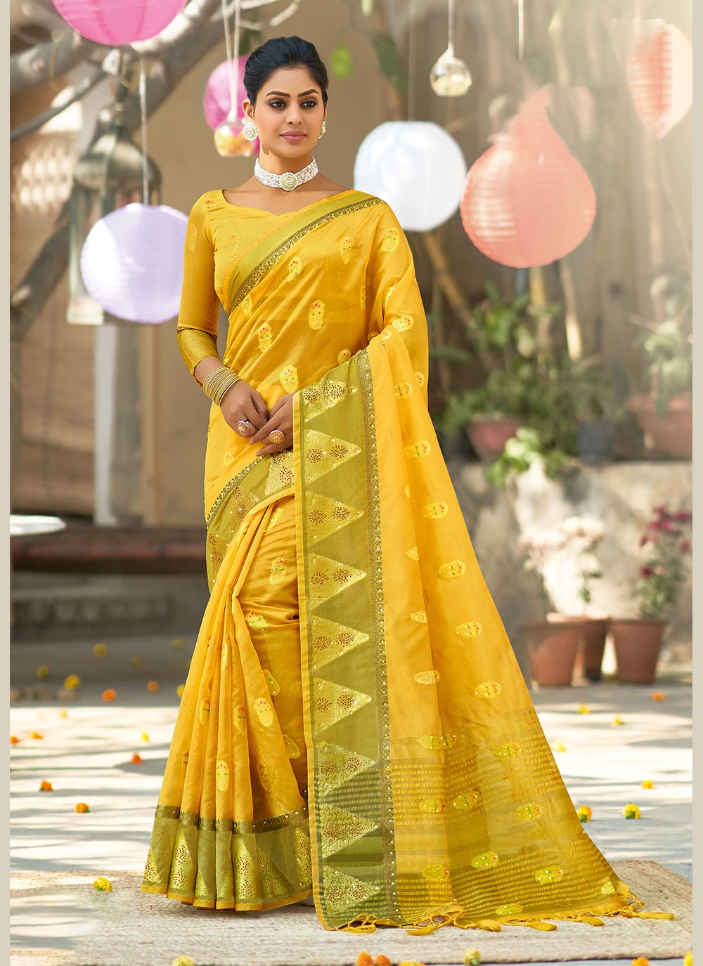 Buy Yellow Organza Designer Saree Online : Indian Ethnic Wear - Saree