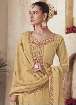Yellow Organza Embroidered Salwar suit