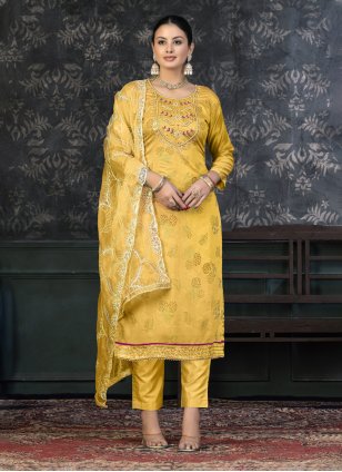 Yellow Organza Hand Work Salwar suit