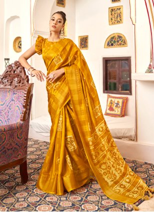 Yellow Poly Cotton Printed Classic Sari