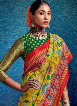 Yellow Pure Dola Printed Trendy Sari