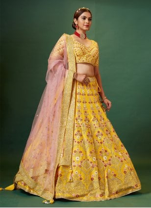 Yellow Silk Aari Work Lehenga Choli for Wedding