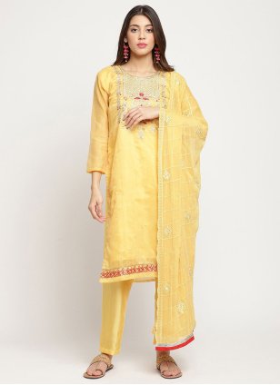 Yellow Silk Blend Embroidered Pant Style Suit