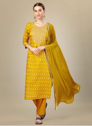 Yellow Silk Blend Embroidered Salwar suit