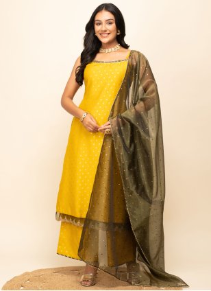 Yellow Silk Blend Printed Readymade Salwar Suits