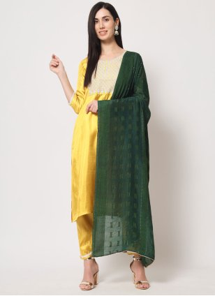 Yellow Silk Embroidered Pant Style Suit