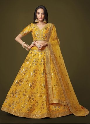 Yellow Designer Silk Embroidered Trendy Lehenga Choli for Wedding