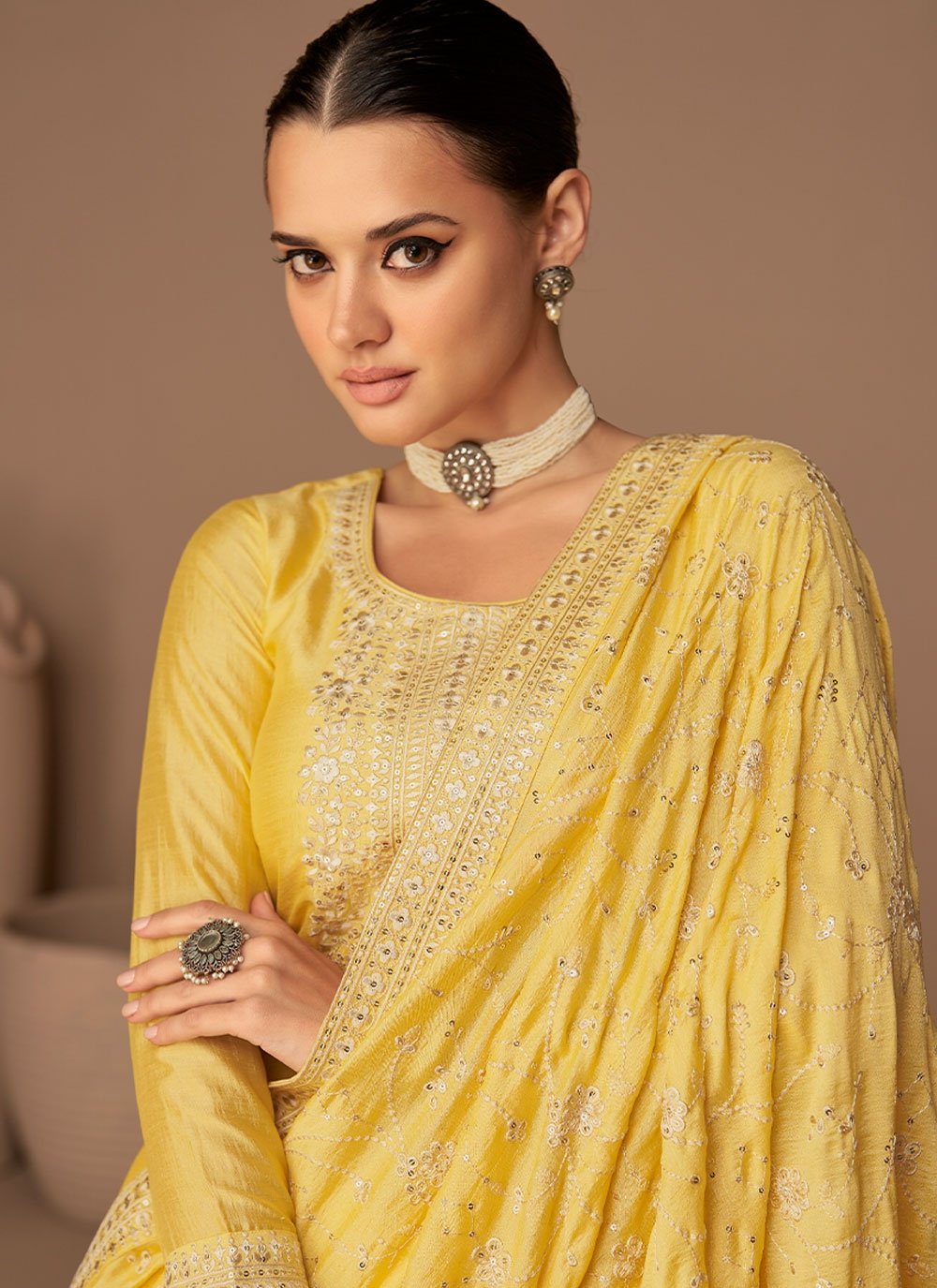 Buy Yellow Silk Embroidered Trendy Salwar Suits Online : 83669