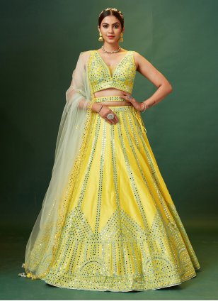 Designer Yellow Silk Embroidery Mirror Work Lehenga Choli for Wedding
