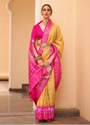 Yellow Silk Patola Print Trendy Sari